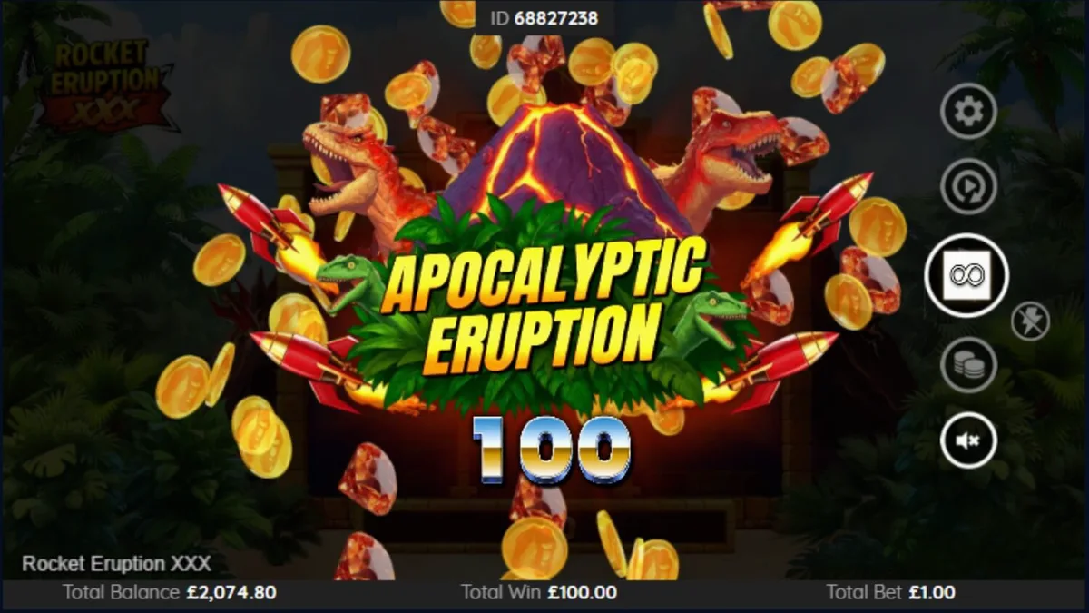 Tampilan visual mesin slot Rocket Eruption XXX dengan tema gunung berapi dan roket