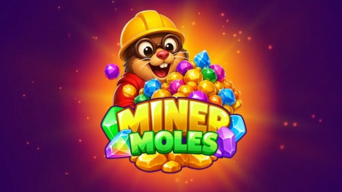 Karakter tikus tanah penambang dalam slot Miner Moles dengan latar belakang gua kristal.